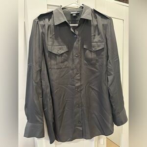 DKNY Women’s Long Sleeve Button-Up Blouse in Charcoal Gray